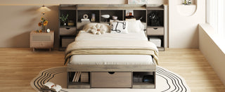 Queen Size Wood Platform Bed with Multi-storage Headboard and a Drawer, Gray