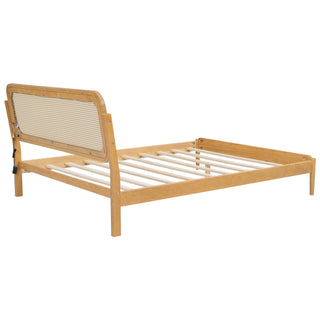 Queen Size Wood Storage Platform Bed with LED Light, Rattan Headboard, Nature