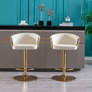 Set of 2 luxurious Ivory Velvet Bar Stools with Gold Legs, Chrome Footrest, Swivel & Adjustable Height