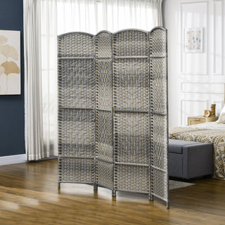 HOMCOM 4 Panel Room Divider, 6' Tall Folding Privacy Screen, Hand-Woven Freestanding Wood Partition for Home Office, Bedroom, Mixed Gray