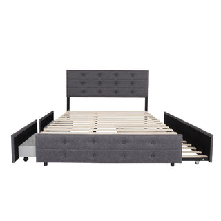 Queen Size Upholstered Linen Fabric Trundle bed with drawers Grey