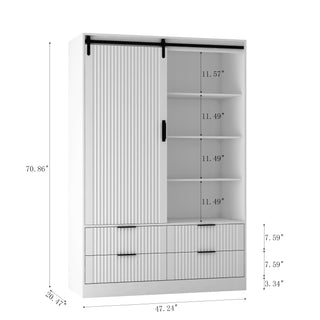 Tall Bedroom Armoire Wardrobe Closet Clothing Storage Cabinet with Hanging Rod Barn Door Drawers Open Shelves,White