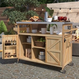 K&K Outdoor Kitchen Island, Rolling Bar Cart and Storage Cabinet, Farmhouse Solid Wood Outdoor Grill Table with Stainless Steel Top, Spice Rack, Towel Rack for Kitchen and BBQ, Natural