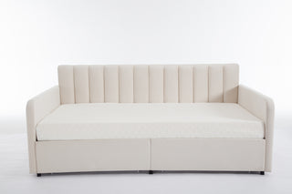 Elevate your living space with the Flora Upholstered Daybed, a stunning blend of modern luxury and functionality. This twin-size daybed is crafted with soft ivory velvet upholstery, offering a lavish, sophisticated look that enhances any room. The ribbed tufted backrest adds an extra layer of elegance, making it the perfect piece for a guest room, living room, or home office.

With the added convenience of 2 built-in drawers, this daybed offers hidden storage to help you keep your space organized. Whether y