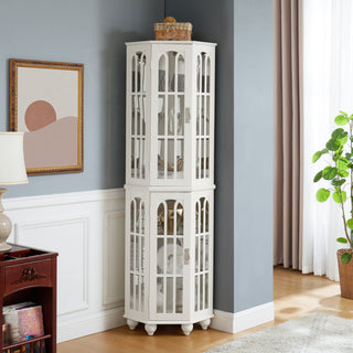 Corner Curio Cabinet with 4 Adjustable Glass Shelves & Lighting, Solid Wood Legs, Acrylic Mirrored Back Panel