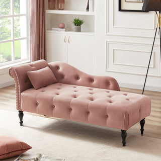 Aijia 60.6" Velvet Chaise Lounge Buttons Tufted Nailhead Trimmed Solid Wood Legs with 1 Pillow,Rose  (Left Arm Design as Shown in the Picture)