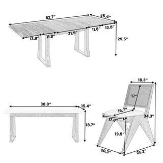 TOPMAX Modern 6-Piece 82.7inch Extendable Dining Table Set with 4 Wicker Back Upholstered Dining Chairs and Long Bench, Two 11.8-inch Removable Leaf,Walnut