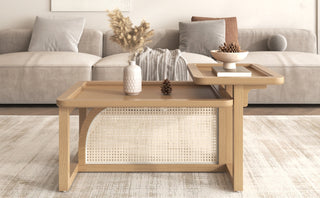 Modern 2 Piece Nesting Rattan Wood+ MDF Coffee Table Set in Natural