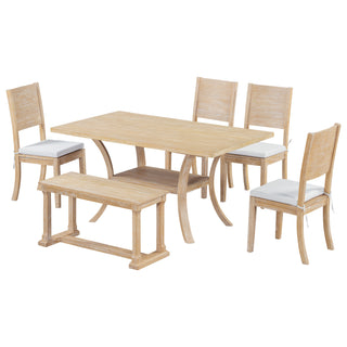 TOPMAX 6-Piece Wood Dining Table Set with Storage Shelf and Curved Legs, Kitchen Table Set with Bench and 4 Removable Cushions Dining Chairs, Modern Style, Natural+Beige Cushion