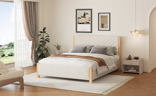 Modern Mid-Century Queen Upholstered Platform Bed Frame with Tufted Headboard and Solid Wood Legs,No Box Spring Needed,Beige