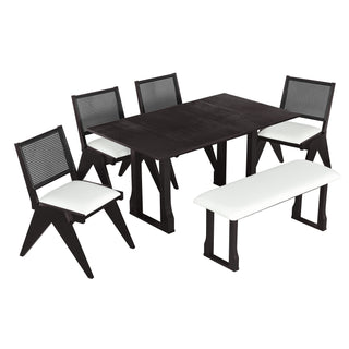 TOPMAX Modern 6-Piece 82.7-Inch Extendable Dining Table Set – Includes 4 Wicker Back Upholstered Dining Chairs, Long Bench, Two 11.8-Inch Removable Leaves, Espresso Finish