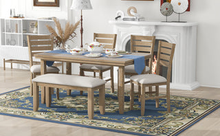 TREXM Dining Room Table and Chairs with Bench, Rustic Wood Dining Set, Set of 6 (Natural Wood Wash)