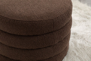 007-Boucle Fabric Storage Round Ottoman Footstool With Wooden Shelving,Brown