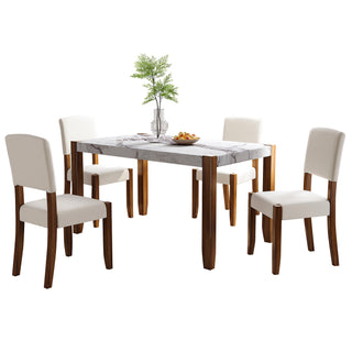 5-Piece Modern Dining Furniture Set, 4-Person Space-Saving Dinette for Kitchen, 46" Faux Marble Style Table and 4 Upholstered Chairs with Solid Rubberwood Legs