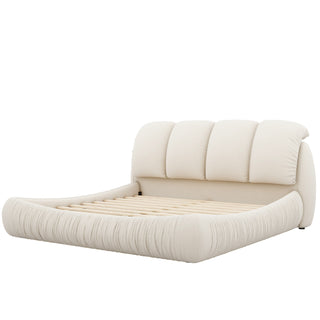 Queen Size Luxury Upholstered Bed with Thick Headboard, Velvet Queen Bed with Oversized Padded Backrest, Beige