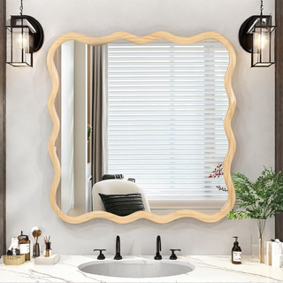 Solid Wood Wavy Square Mirror-Natural Wood 36" x 36" Modern Mirror Wall Decor for Bathroom, Bedroom, Living Room, Dining Room, Cloakroom, Entryway