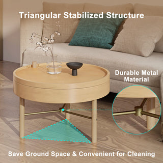 Modern Round Wood Rotating Tray Coffee Table with Storage & Metal Legs in Natural