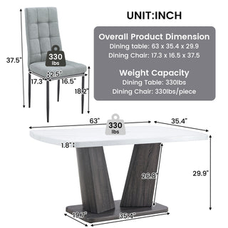 Modern Dining Table Set for 6, 7 Piece Dining Set, 63" Rectangle Kitchen Table with 6 Upholstered Chairs, 1.8" Thickness Tabletop and V-shaped Table Legs, White Faux Marble Dining Set for Kitchen Room