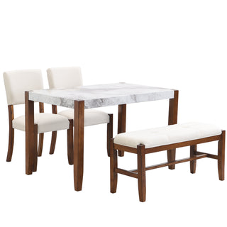 4-Piece Modern Dining Furniture Set, Space-Saving 4-Person Dinette for Kitchen, 46" Faux Marble Style Table with 2 Upholstered Chairs and Bench with Wood Legs
