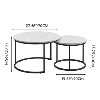 Nesting Coffee Table Set of 2, 27.6inch Round Coffee Table Wood Marble Pattern Top with Sturdy Metal Frame, End Table Side Tables for Living Room Bedroom Balcony Yard (White)