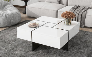 On-Trend Unique Design Coffee Table with 4 Hidden Storage Compartments, Square Cocktail Table with Extendable Sliding Tabletop, UV High-Gloss Finish, Center Table for Living Room, 31.5" x 31.5"