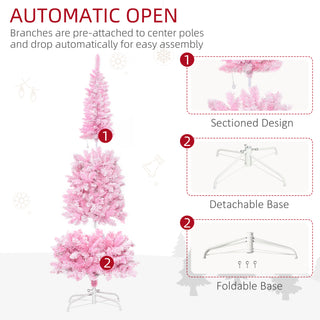 HOMCOM 6ft Prelit Snow Flocked Artificial Christmas Tree with Pencil Shape, Pine Realistic Branches, Warm White LED lights, Auto Open, Pink and White