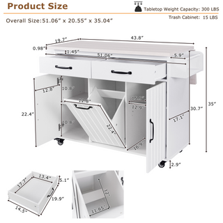 K&K Kitchen Island with Trash Can Storage Cabinet, Drop Leaf, Spice Rack, Towel Rack, Drawer, Rolling Kitchen Cart on Wheels with Adjustable Shelf, White
