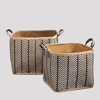 Square Palm Leaf Woven Wicker Storage Baskets with Handles, Set of 2 (14inx14inx15in and 16inx16inx17in) - Black and Brown - Ideal for Clothes, Books, Picnic, and Home Decoration