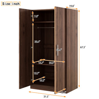 2-Door Wooden Wardrobe Armoire with 3 Storage Shelves, Brown