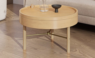 Modern Round Wood Rotating Tray Coffee Table with Storage & Metal Legs in Natural