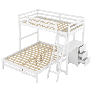 Twin over Full Bunk Bed with Built-in Desk and Three Drawers, White