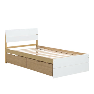 Modern Twin Bed Frame With 2 Drawers For White High Gloss Headboard and Footboard With Light Oak Color