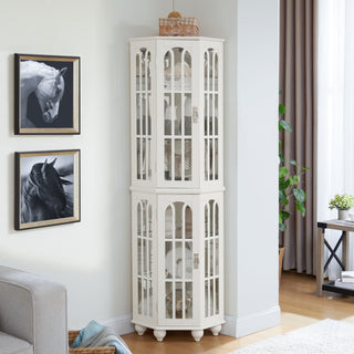 Corner Curio Cabinet with 4 Adjustable Glass Shelves & Lighting, Solid Wood Legs, Acrylic Mirrored Back Panel