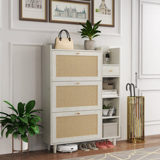 Natural Bohemia Style Shoe Cabinet, Shoe Rack Cabinet with 3 Rattan Flip Drawers, 3 Square Shelves, 1 Storage Drawer, Multi-Storage Space and Hooks for Hallway, Entryway, White