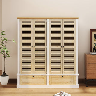 4 Shutter Door Wardrobe Armoire Closet with 2 Drawers, Natural and White