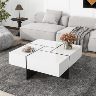 On-Trend Unique Design Coffee Table with 4 Hidden Storage Compartments, Square Cocktail Table with Extendable Sliding Tabletop, UV High-Gloss Finish, Center Table for Living Room, 31.5" x 31.5"