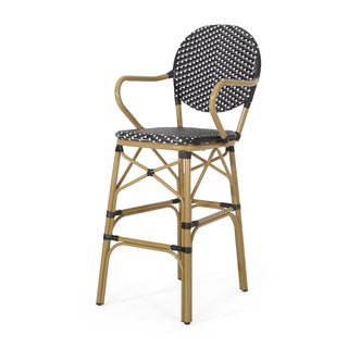 Outdoor Wicker and Aluminum 29.5' French Barstools, Set of 2, Black, Bamboo Print Finish