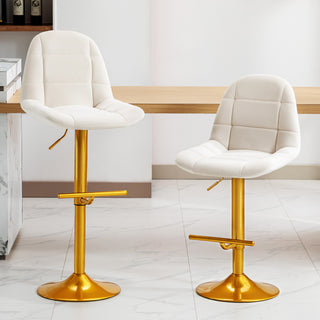 Velvet Swive Bar Stools Set of 2 Adjustable Counter Height Bar Chairs with Back Gold Base Modern Stool Chair for Kitchen Island Dining Room, White