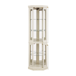 Corner Glass Cabinet Lighted Curio Cabinet – Corner Display Case for Living Room, Antique Collection, Wine, Bar Glass Storage with Light, Antique White