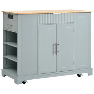 : K&K Fluted Kitchen Island with Trash Can Storage Cabinet, Power Outlet, Internal Storage Rack, Rolling on 5 Wheels, 3 Drawers, 3 Open Side Racks for 10 Gallon Garbage Bin, Grey Blue