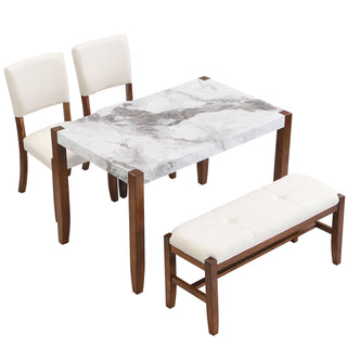 4-Piece Modern Dining Furniture Set, Space-Saving 4-Person Dinette for Kitchen, 46" Faux Marble Style Table with 2 Upholstered Chairs and Bench with Wood Legs
