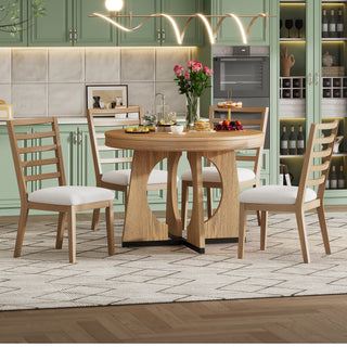 TREXM 5-Piece Retro Rustic Functional Dining Set – 1 Extendable Table with 16-Inch Leaf and 4 Upholstered Chairs, Unique Geometric Design, Ideal for Dining Room and Kitchen (Natural)