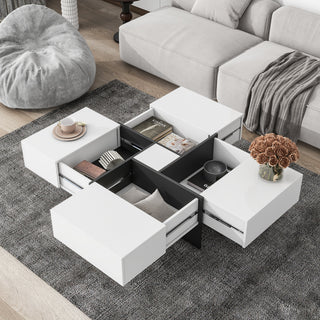 On-Trend Unique Design Coffee Table with 4 Hidden Storage Compartments, Square Cocktail Table with Extendable Sliding Tabletop, UV High-Gloss Finish, Center Table for Living Room, 31.5" x 31.5"