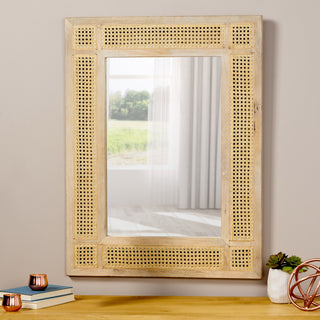 Mango Wood MDF Cane Fitted Mirror – Elegant Natural Wood Framed Wall Mirror