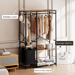 Portable Wardrobe Clothes Rack, Freestanding Clothing Rack with Bottom Mesh Storage Rack, Multi-functional Bedroom Clothing Rack with Premium Oxford Cloth Storage Bag,Black+Brown