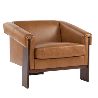 34" Mid-Century Modern Accent Chair with Brown Faux Leather, Deep Cushions, and Wide Armrests – Perfect for Living Room, Bedroom, or Office