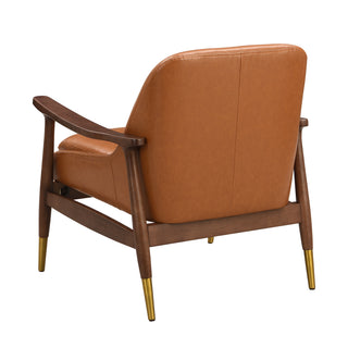 29.2'' Mid-Century Faux Leather Accent Chair with Cushioned Seat, Solid Wood Frame, and Brass-Tipped Legs – Ideal for Living Room, Bedroom, or Office Lounge