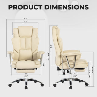 Big and Tall Executive Office Chair with Footrest – Leather Ergonomic Reclining High Back Computer Chair, Large Home Office Chair (Beige)