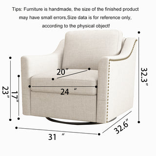 360 Degree Swivel Armchair, Ergonomic Cotton Linen Skin-Friendly Fabric, Brass Nail Decorative Armchair, Living Room & Bedroom Chair with Black Legs, Indoor Home Furniture