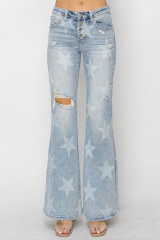 RISEN Mid Rise Button Fly Start Print Flare Jeans for Women